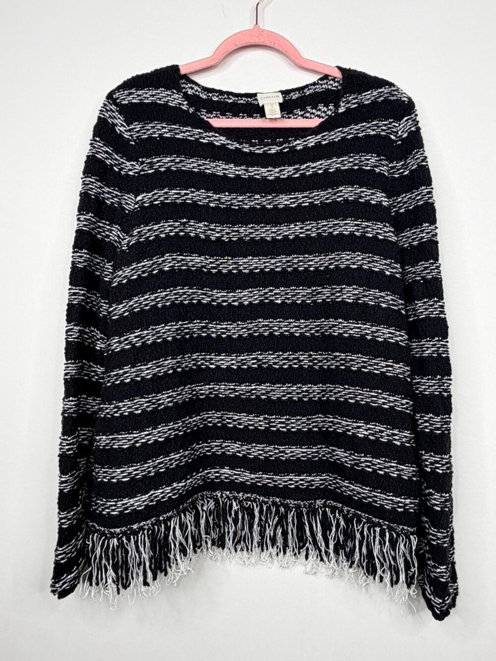 2/$30 Chico's Striped Fringed Hem Sweater Black White 16 #A4010 - Picture 3 of 7